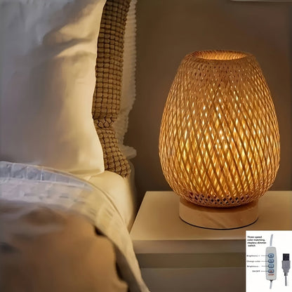 Natural Weave LED Bedside Lamp with USB and Adjustable Brightness