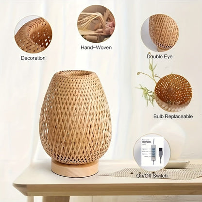 Natural Weave LED Bedside Lamp with USB and Adjustable Brightness