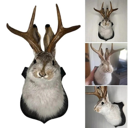 Whimsical Jackalope Head Mount on Rustic Wooden Display