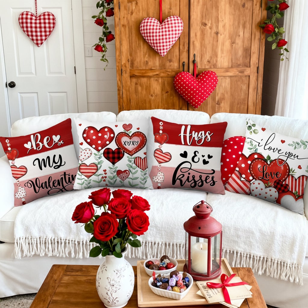 Charming Heart-Themed Cushion Covers Set of 4 for Valentine's Day