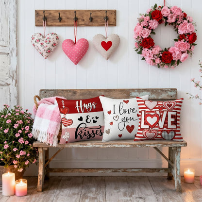 Charming Heart-Themed Cushion Covers Set of 4 for Valentine's Day