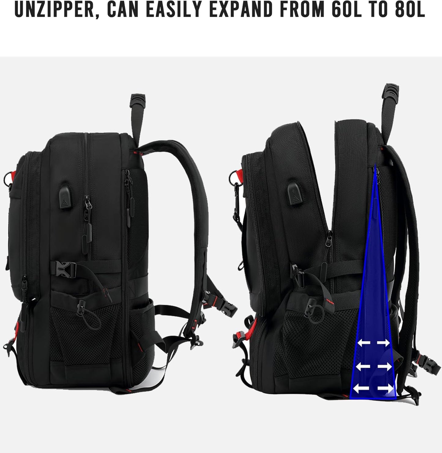 60L Waterproof Laptop Backpack for Travel with USB Port and Shoe Storage