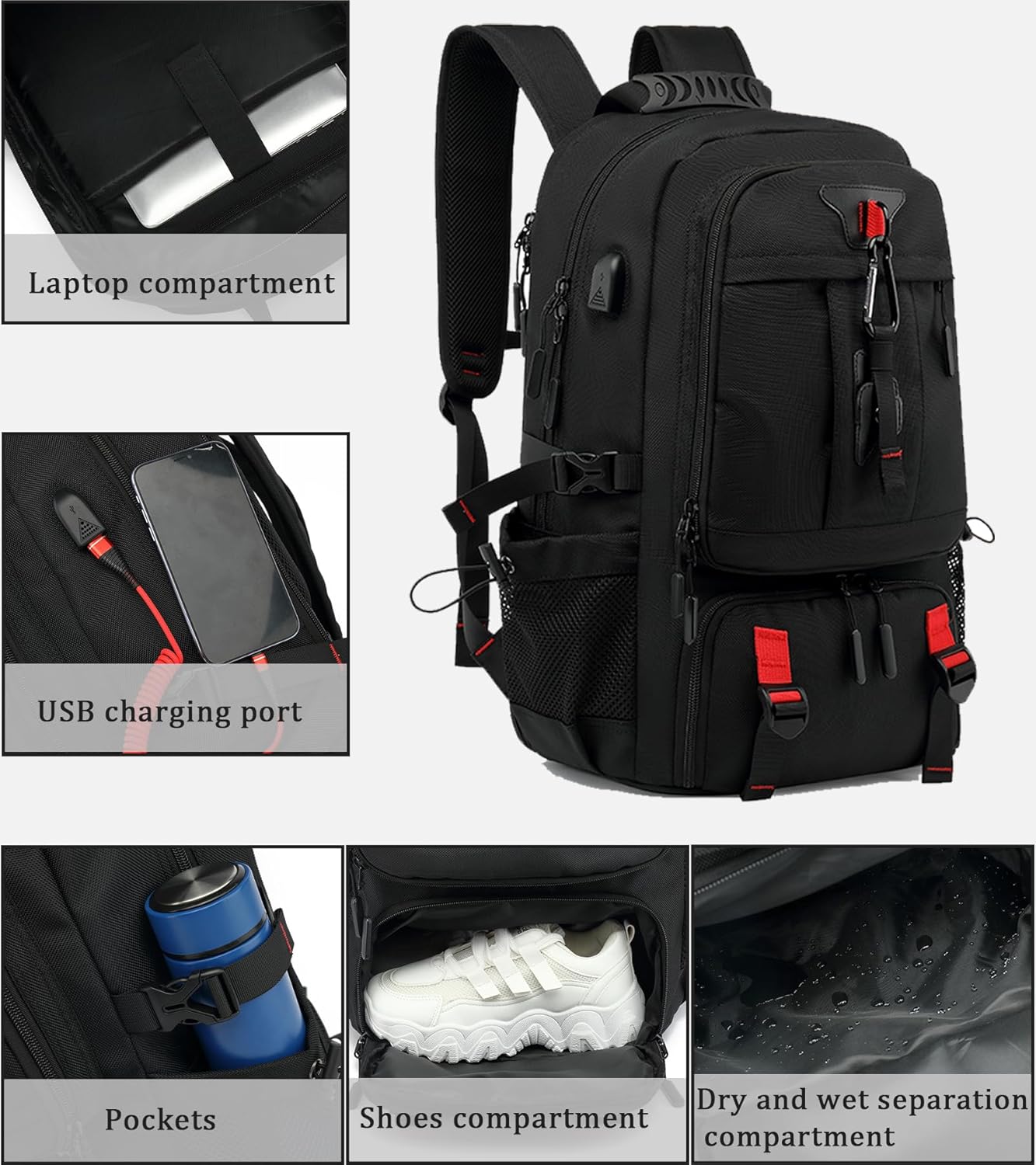 60L Waterproof Laptop Backpack for Travel with USB Port and Shoe Storage