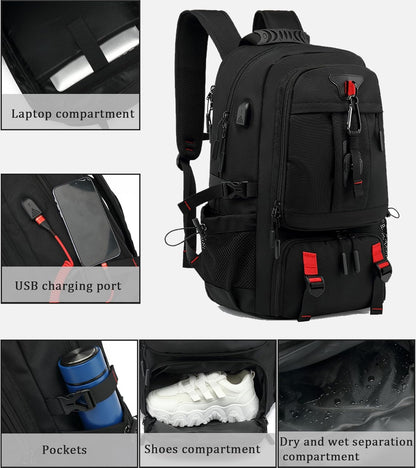 60L Waterproof Laptop Backpack for Travel with USB Port and Shoe Storage