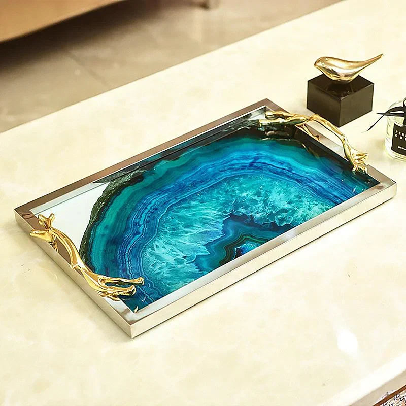 Serving Tray with Blue Agate Glass and Stainless Steel Frame