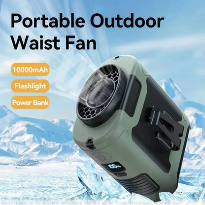 Rechargeable 10000mAh Outdoor Waist Fan with Neck Strap, Strong Breeze & LED Light