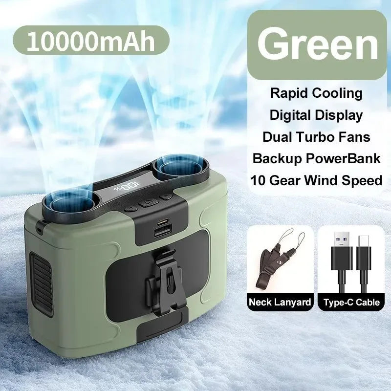 Rechargeable 10000mAh Outdoor Waist Fan with Neck Strap, Strong Breeze & LED Light
