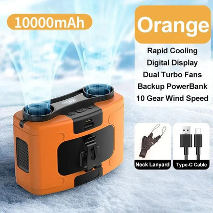Rechargeable 10000mAh Outdoor Waist Fan with Neck Strap, Strong Breeze & LED Light