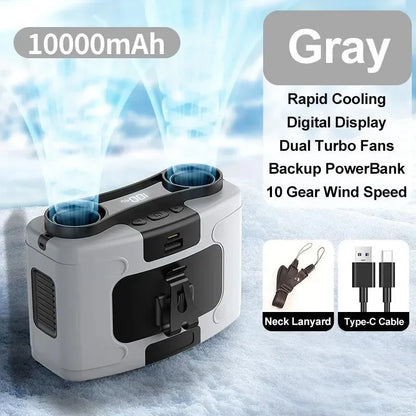 Rechargeable 10000mAh Outdoor Waist Fan with Neck Strap, Strong Breeze & LED Light