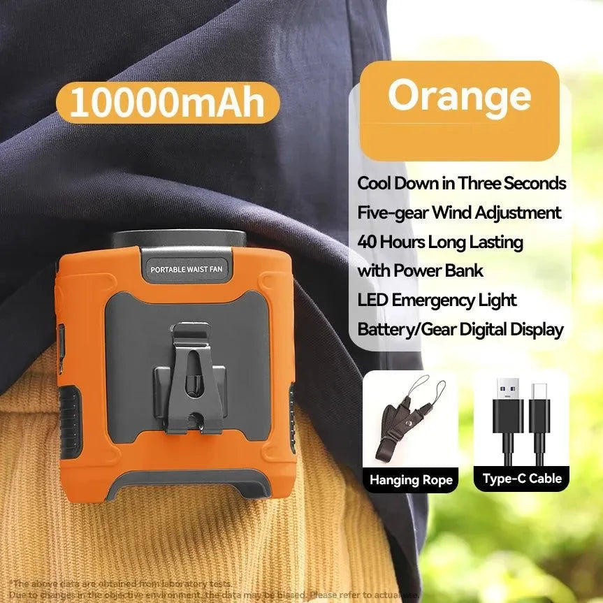 Rechargeable 10000mAh Outdoor Waist Fan with Neck Strap, Strong Breeze & LED Light