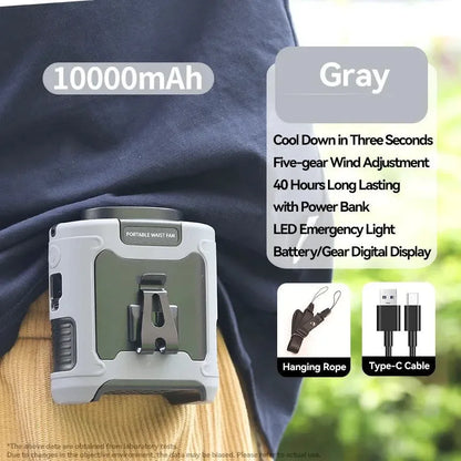 Rechargeable 10000mAh Outdoor Waist Fan with Neck Strap, Strong Breeze & LED Light