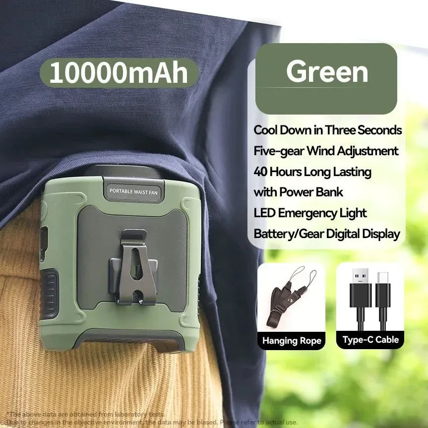 Rechargeable 10000mAh Outdoor Waist Fan with Neck Strap, Strong Breeze & LED Light