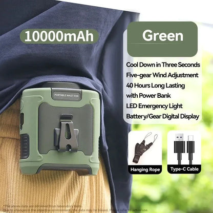Rechargeable 10000mAh Outdoor Waist Fan with Neck Strap, Strong Breeze & LED Light