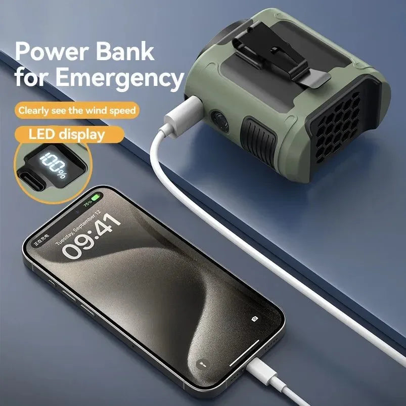 Rechargeable 10000mAh Outdoor Waist Fan with Neck Strap, Strong Breeze & LED Light