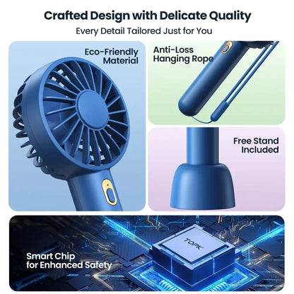 Mini Portable Electric Fan - USB Rechargeable Handheld with 3 Speed Settings for Indoor, Camping, and Room Use