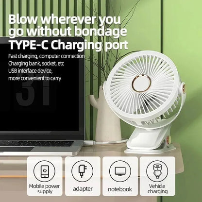 Rechargeable Clip-On Fan with 3 Speed Settings - Portable Wireless Air Circulator