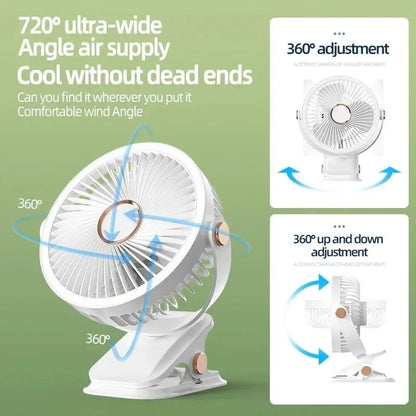 Rechargeable Clip-On Fan with 3 Speed Settings - Portable Wireless Air Circulator
