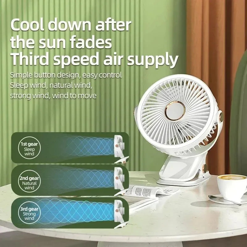 Rechargeable Clip-On Fan with 3 Speed Settings - Portable Wireless Air Circulator