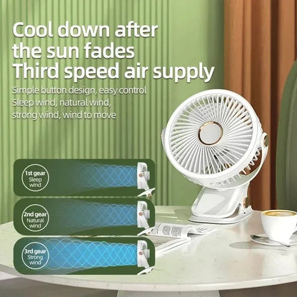 Rechargeable Clip-On Fan with 3 Speed Settings - Portable Wireless Air Circulator