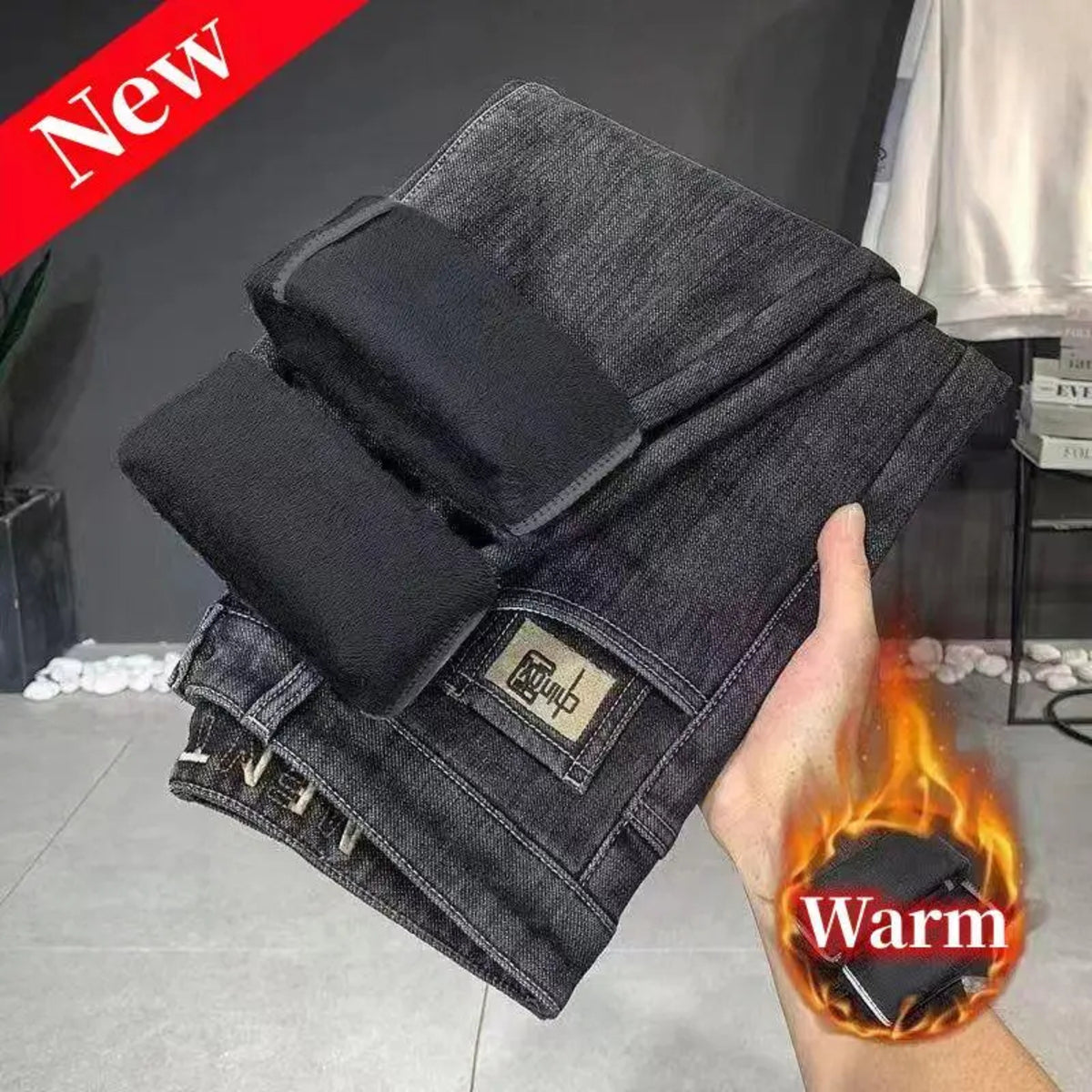 Casual Slim Fit Denim Trousers for Men - Warm Stretchy Vintage Style