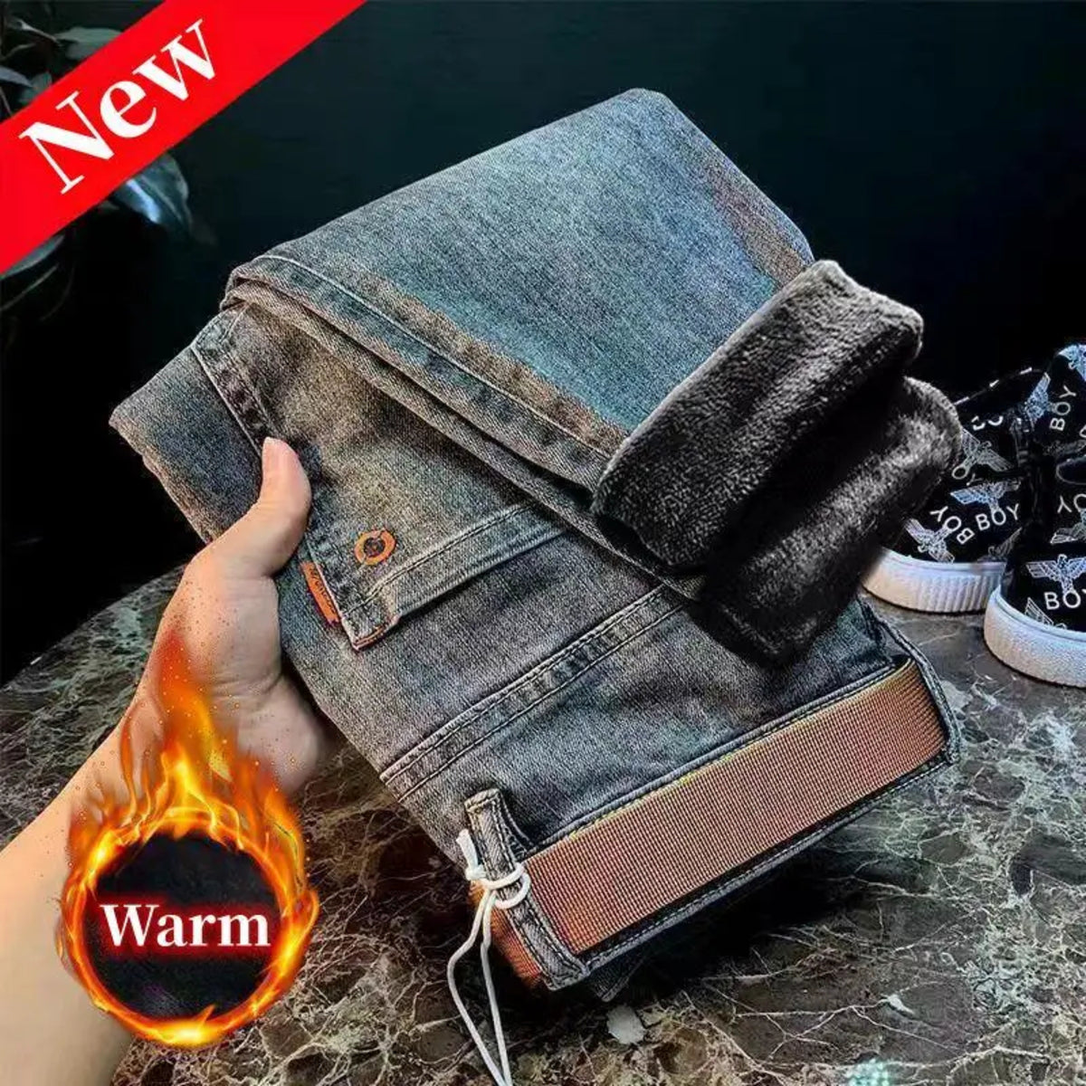Casual Slim Fit Denim Trousers for Men - Warm Stretchy Vintage Style