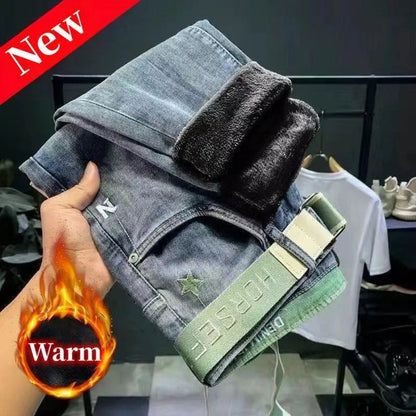 Casual Slim Fit Denim Trousers for Men - Warm Stretchy Vintage Style
