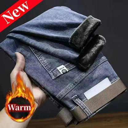 Casual Slim Fit Denim Trousers for Men - Warm Stretchy Vintage Style