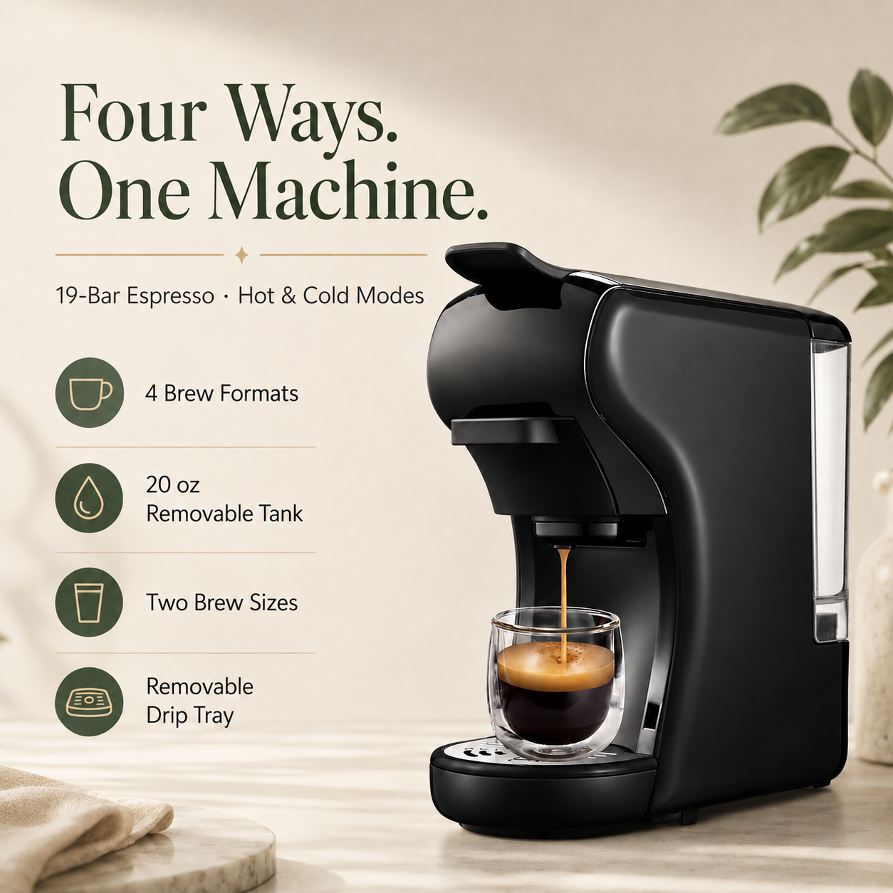 Multi-Function Coffee Maker for Nespresso, K-Cup, Dolce Gusto & Ground Coffee, 19-Bar