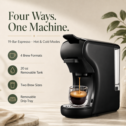 Multi-Function Coffee Maker for Nespresso, K-Cup, Dolce Gusto & Ground Coffee, 19-Bar