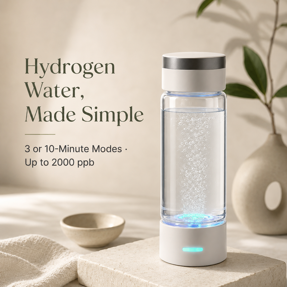 Hydrogen Water Generator Bottle 380ml | 1000–2000 PPB, USB-C, Inhalation Kit