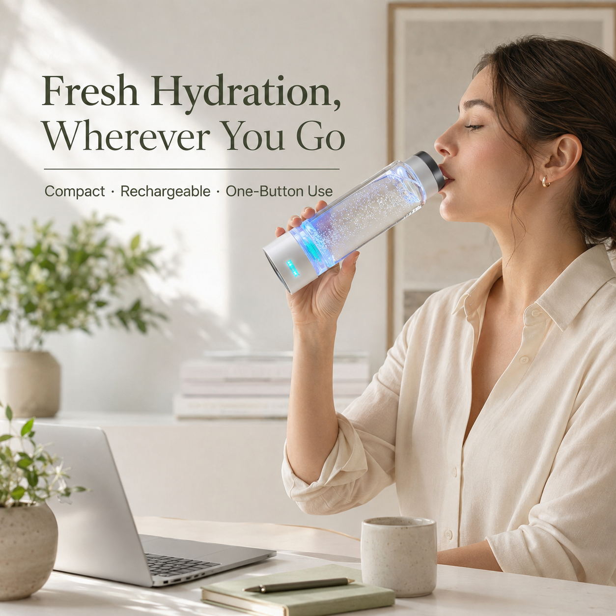 Hydrogen Water Generator Bottle 380ml | 1000–2000 PPB, USB-C, Inhalation Kit