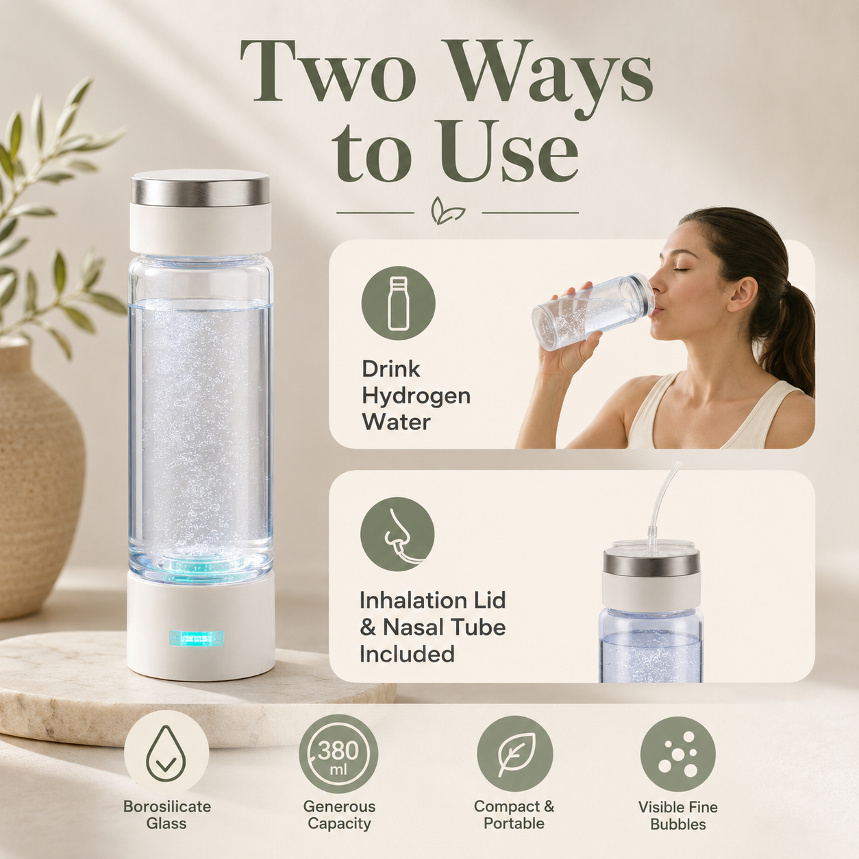 Hydrogen Water Generator Bottle 380ml | 1000–2000 PPB, USB-C, Inhalation Kit