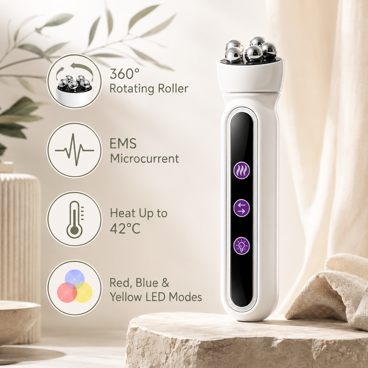 360° Rotating 3-in-1 Facial Roller with RF, EMS, Microcurrent, Heat & LED