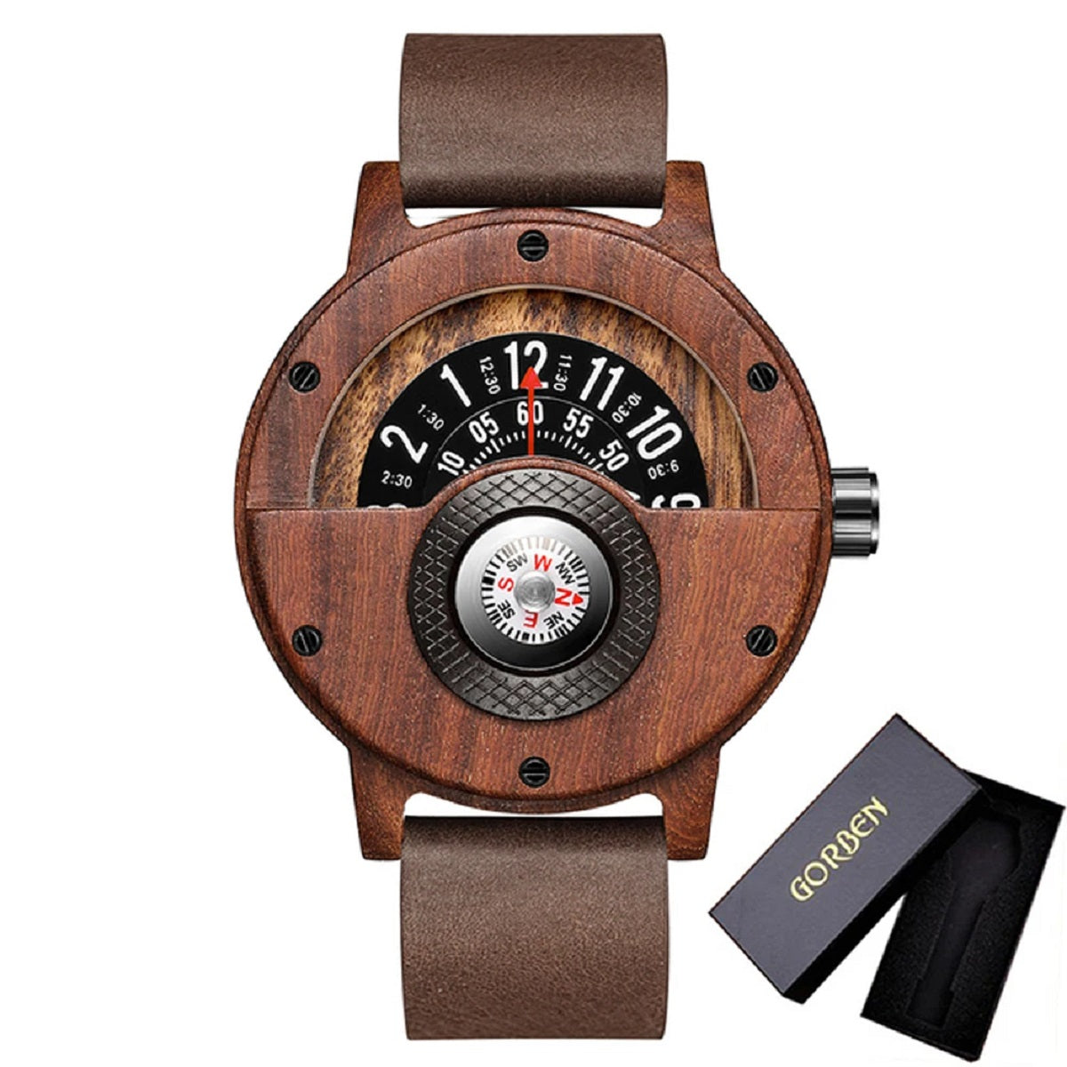Men's Wooden Watch with Turntable Compass - Genuine Walnut and Ebony