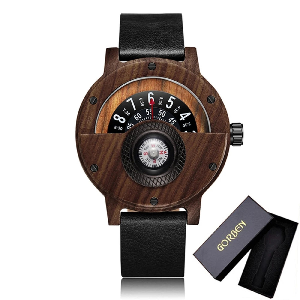 Men's Wooden Watch with Turntable Compass - Genuine Walnut and Ebony