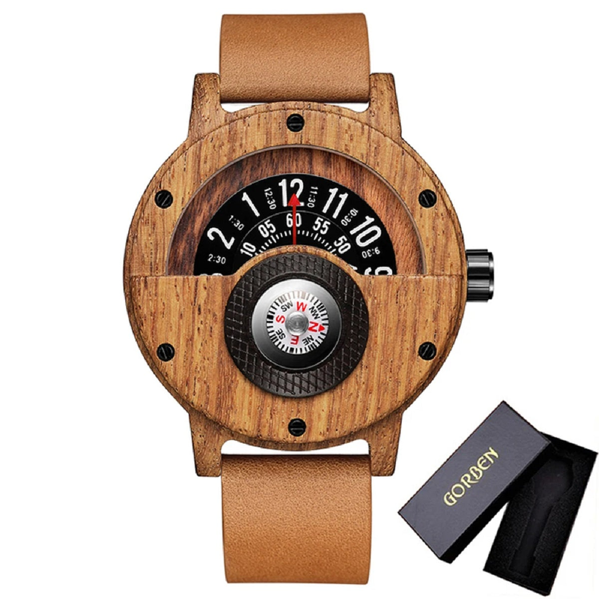 Men's Wooden Watch with Turntable Compass - Genuine Walnut and Ebony