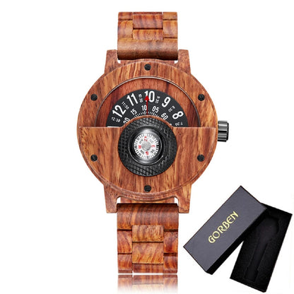 Men's Wooden Watch with Turntable Compass - Genuine Walnut and Ebony