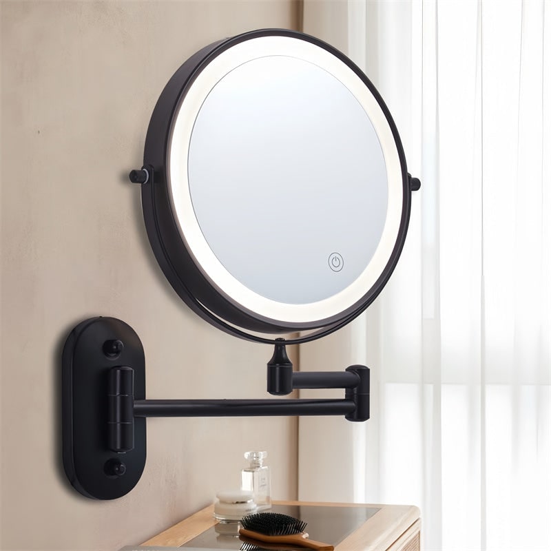 Illuminated Wall-Mounted Beauty Mirror with 10x Zoom & Foldable Arm