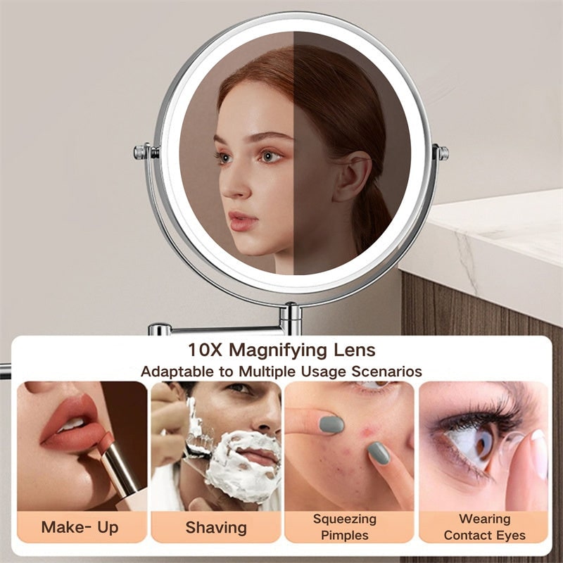 Illuminated Wall-Mounted Beauty Mirror with 10x Zoom & Foldable Arm