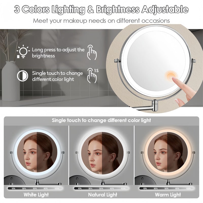 Illuminated Wall-Mounted Beauty Mirror with 10x Zoom & Foldable Arm