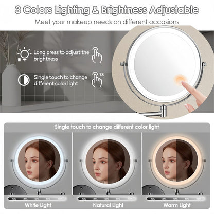 Illuminated Wall-Mounted Beauty Mirror with 10x Zoom & Foldable Arm