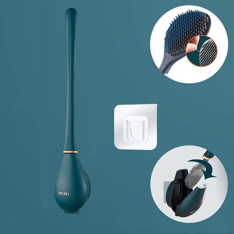 Flexible Bristle Toilet Brush with Self-Adhesive Wall Holder and Drip Guard