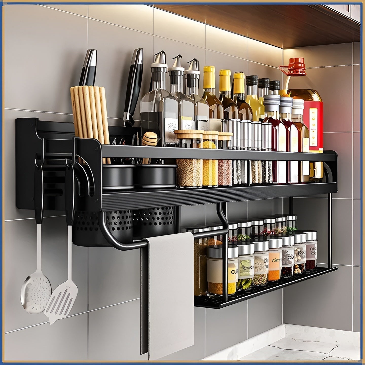 Sleek Stainless Steel Wall Rack with Hooks & Knife Holder