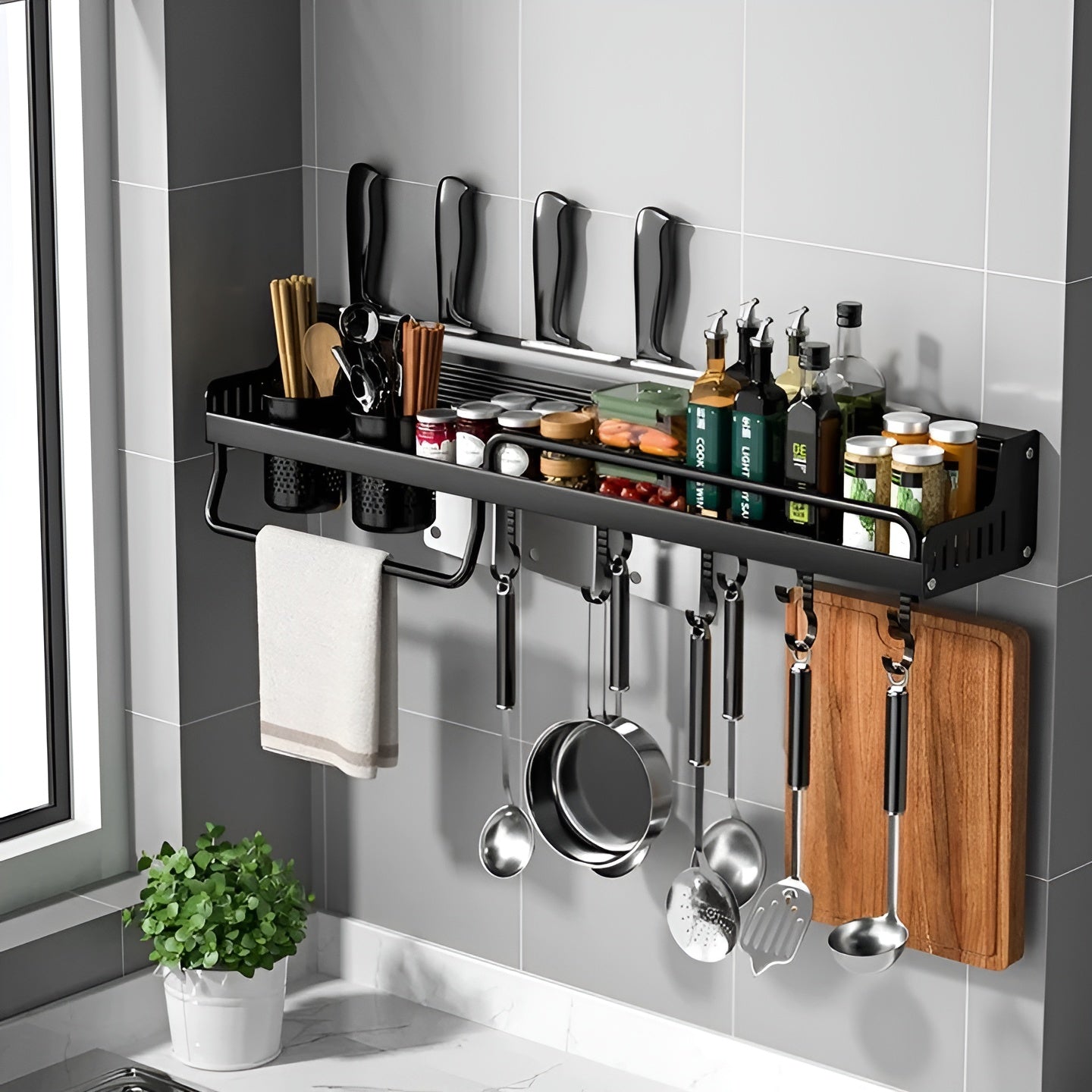 Sleek Stainless Steel Wall Rack with Hooks & Knife Holder