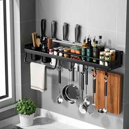 Sleek Stainless Steel Wall Rack with Hooks & Knife Holder