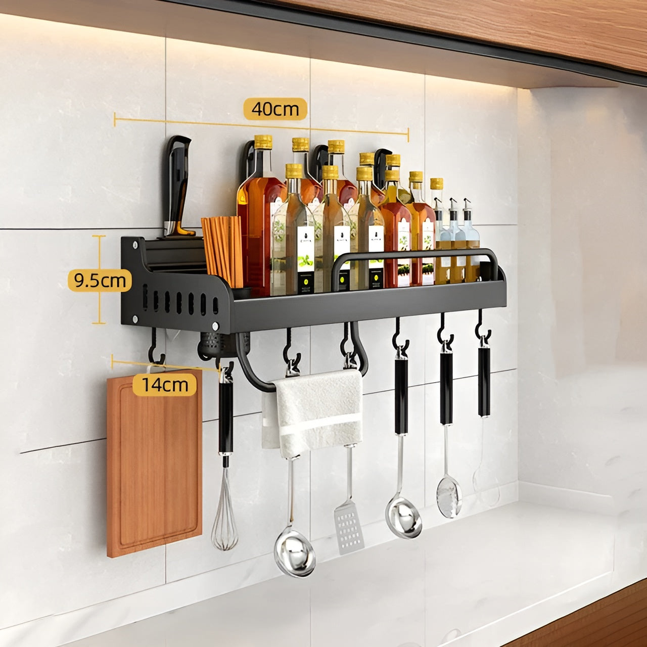 Sleek Stainless Steel Wall Rack with Hooks & Knife Holder