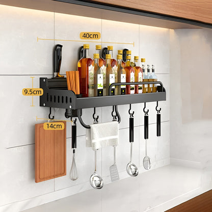 Sleek Stainless Steel Wall Rack with Hooks & Knife Holder