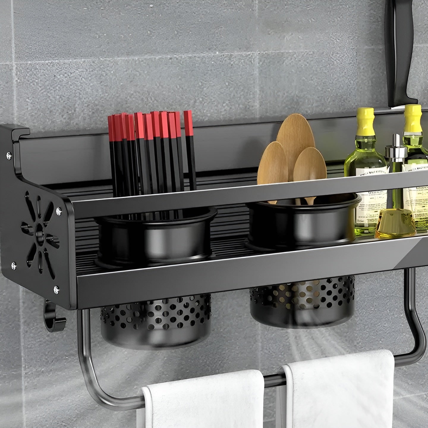 Sleek Stainless Steel Wall Rack with Hooks & Knife Holder