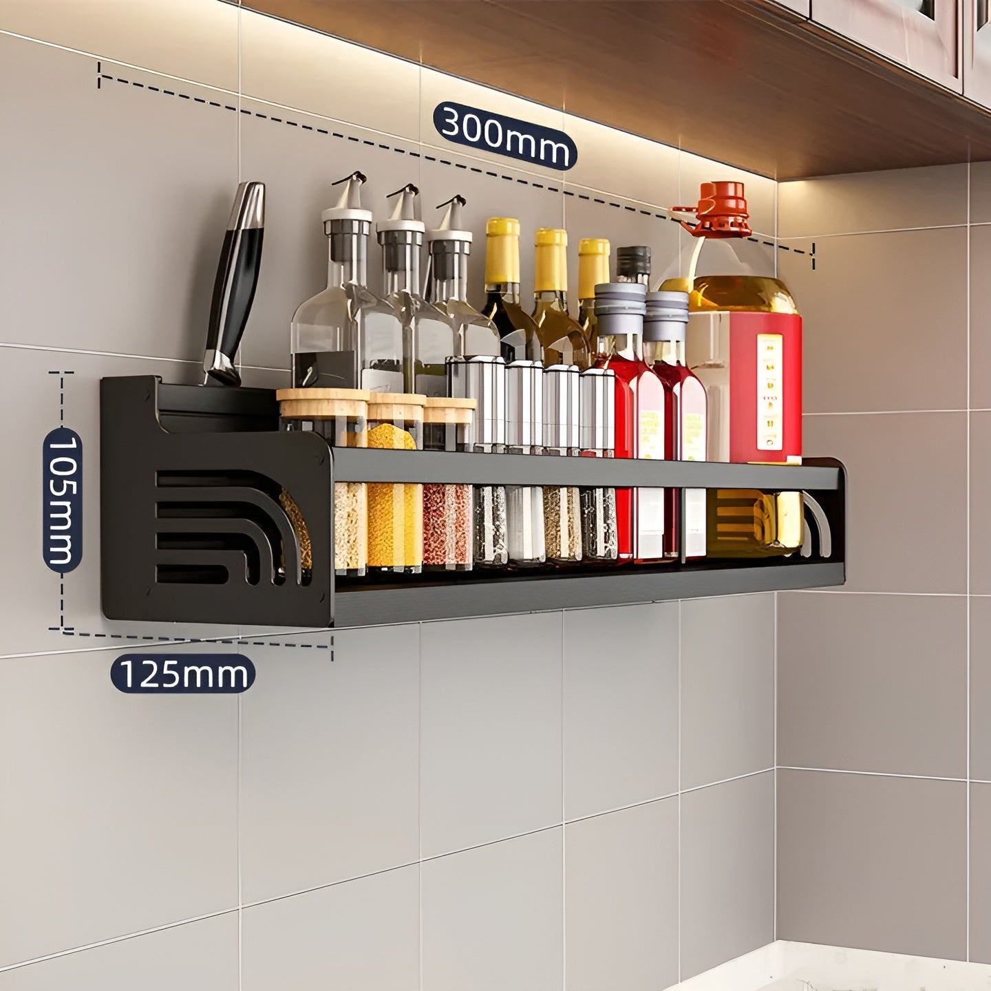 Sleek Stainless Steel Wall Rack with Hooks & Knife Holder