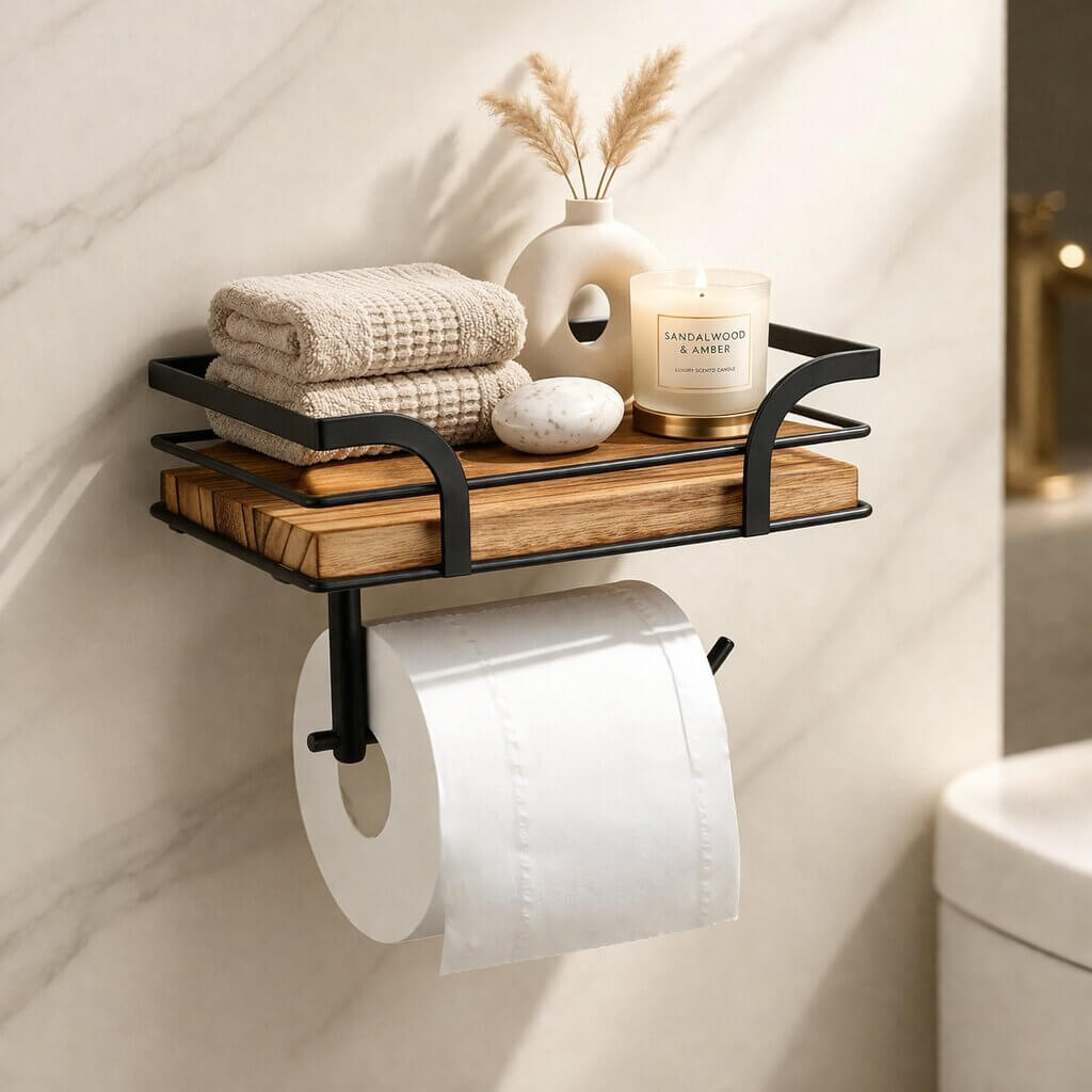 Stylish Wall Shelf with Integrated Toilet Paper Holder